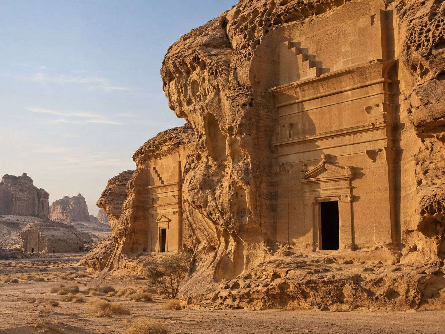 Bedrock Facades of Hegra in Saudi Arabia